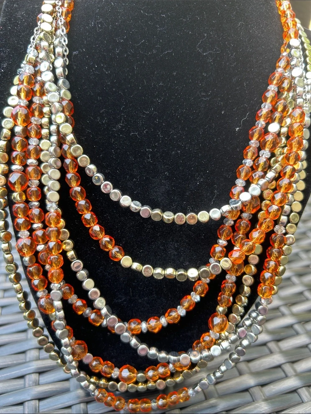 White House Black Market Amber and Silver Multi‑Strand Beaded Necklace